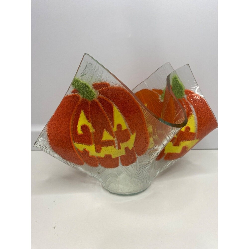jack o lantern pumpkin Folded Handkerchief Art Fused Glass Vase Candle Holder